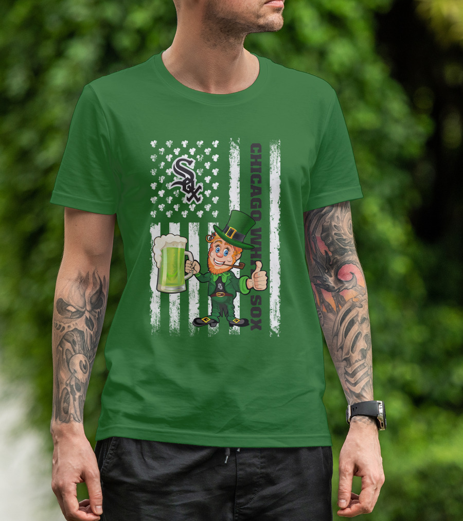Chicago White Sox St Patrick's Day Leprechaun With Shamrock Beer And American Flag T-Shirt