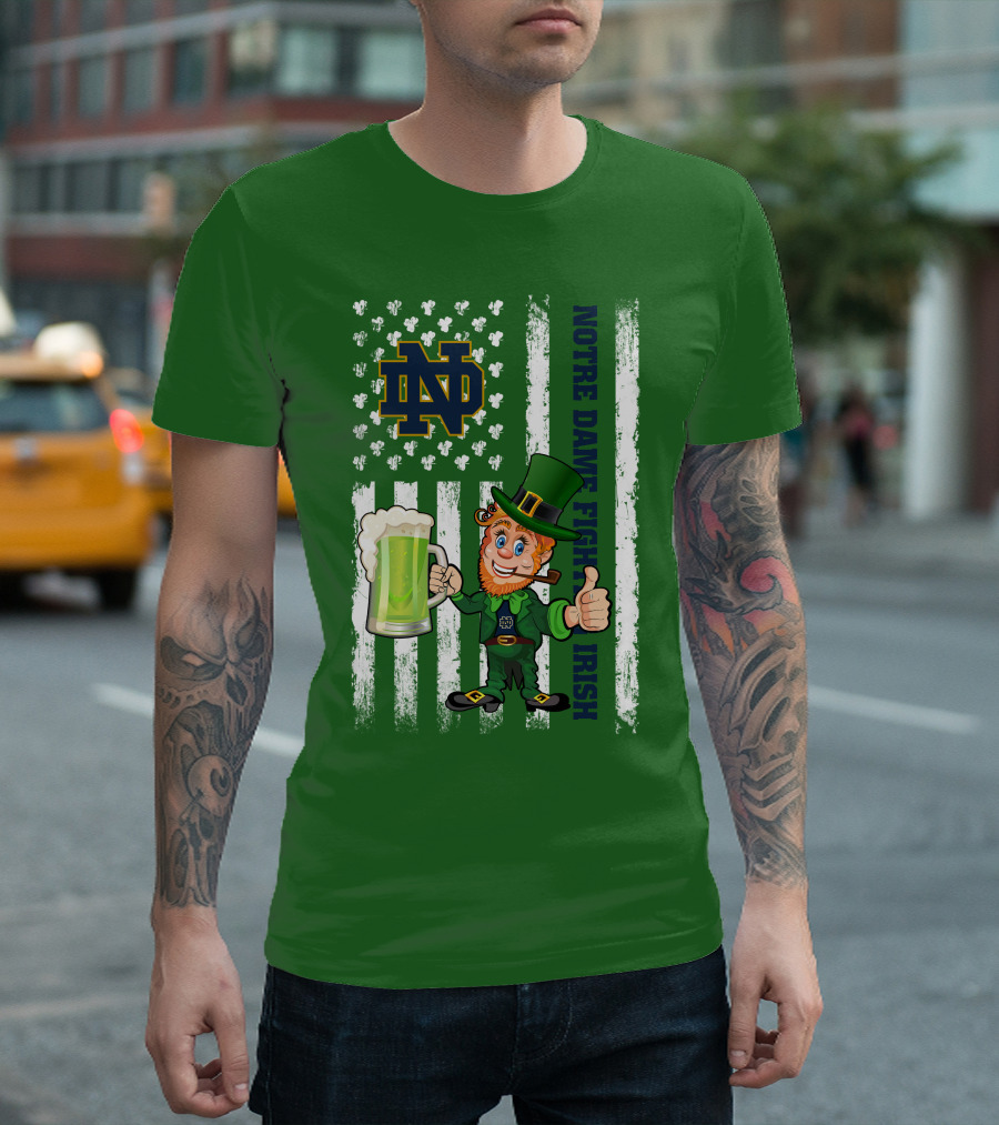 Notre Dame Fighting Irish Leprechaun with Beer and Shamrock Flag T-Shirt