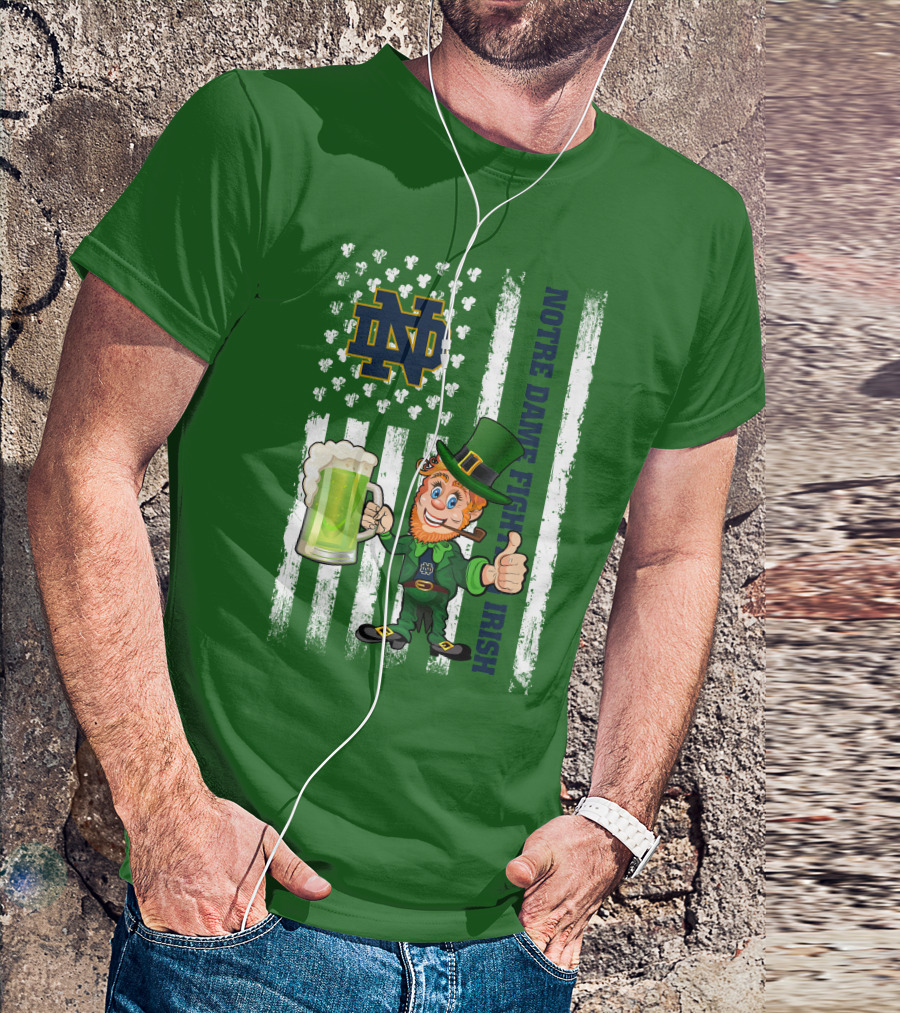 Notre Dame Fighting Irish Leprechaun With Beer And Shamrock Flag T-Shirt