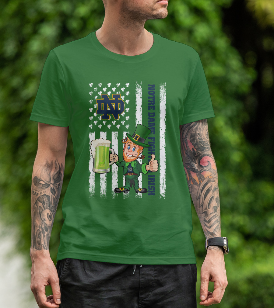 Notre Dame Fighting Irish Leprechaun With Beer And Shamrock Flag T-Shirt