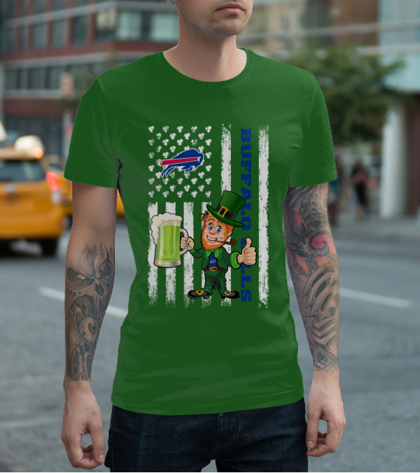 Buffalo Bills St Patrick's Day Leprechaun American Flag Shamrocks Beer T-Shirt