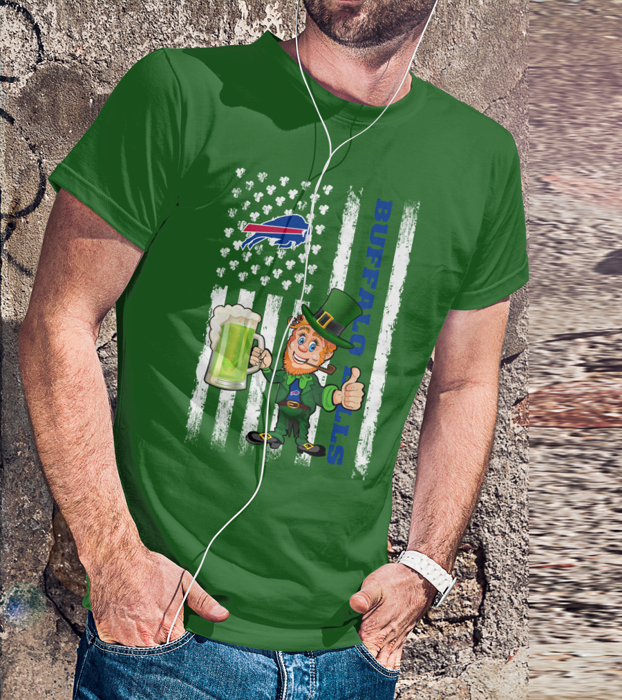 Buffalo Bills St Patrick's Day Leprechaun American Flag Shamrocks Beer T-Shirt
