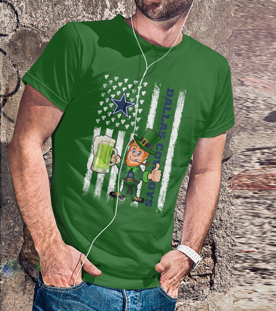 Dallas Cowboys St Patrick's Day Leprechaun Flag Beer Shamrocks Star T-Shirt