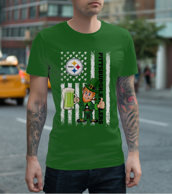 Pittsburgh Steelers Leprechaun St Patrick's Day Shamrock Beer Flag T-Shirt