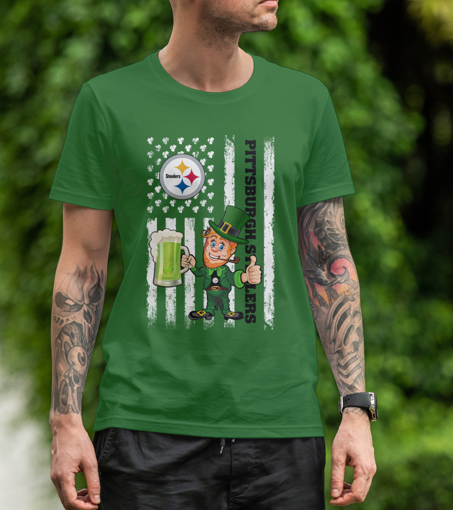 Pittsburgh Steelers Leprechaun St Patrick's Day Shamrock Beer Flag T-Shirt