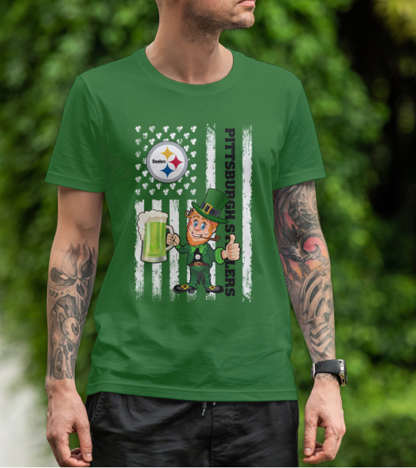 Pittsburgh Steelers Leprechaun St Patrick's Day Shamrock Beer Flag T-Shirt