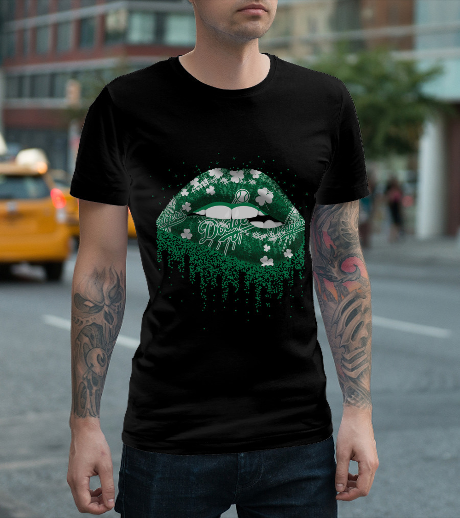 Los Angeles Dodgers Green Lips Clover Baseball T-Shirt