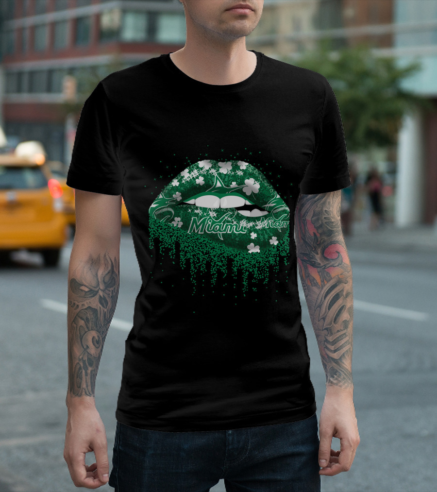 Miami Marlins Green Sparkling Shamrock Lips T-Shirt