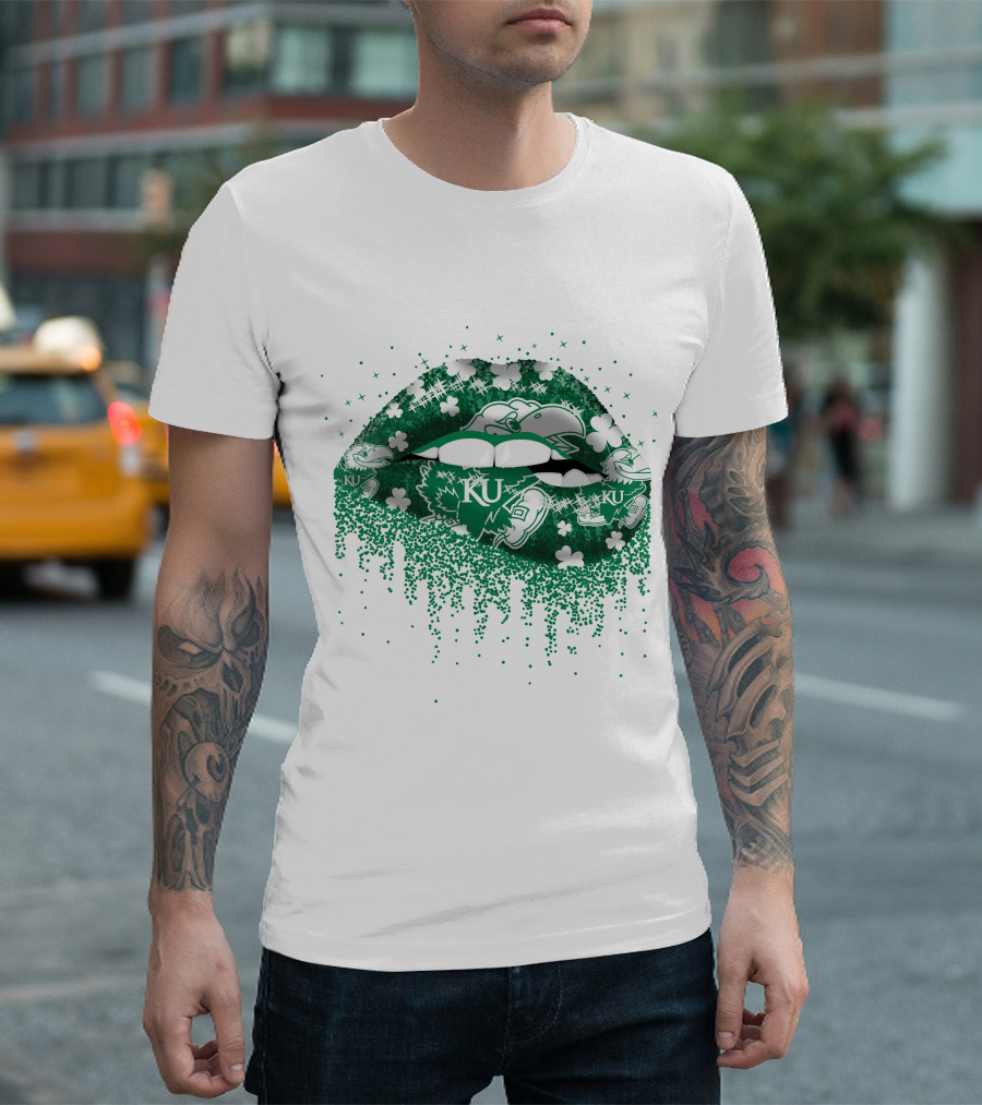 Kansas Jayhawks Lips Green Shamrock KU T-Shirt
