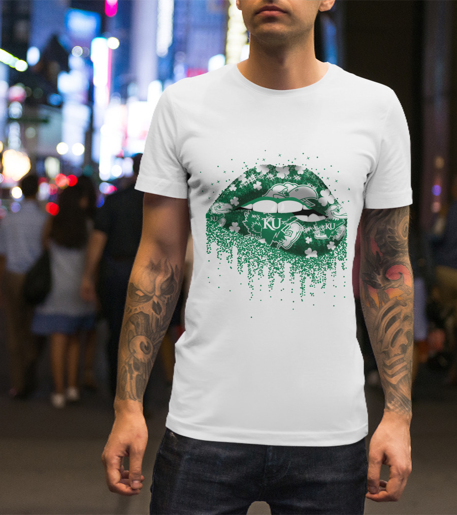 Kansas Jayhawks Lips Green Shamrock KU T-Shirt