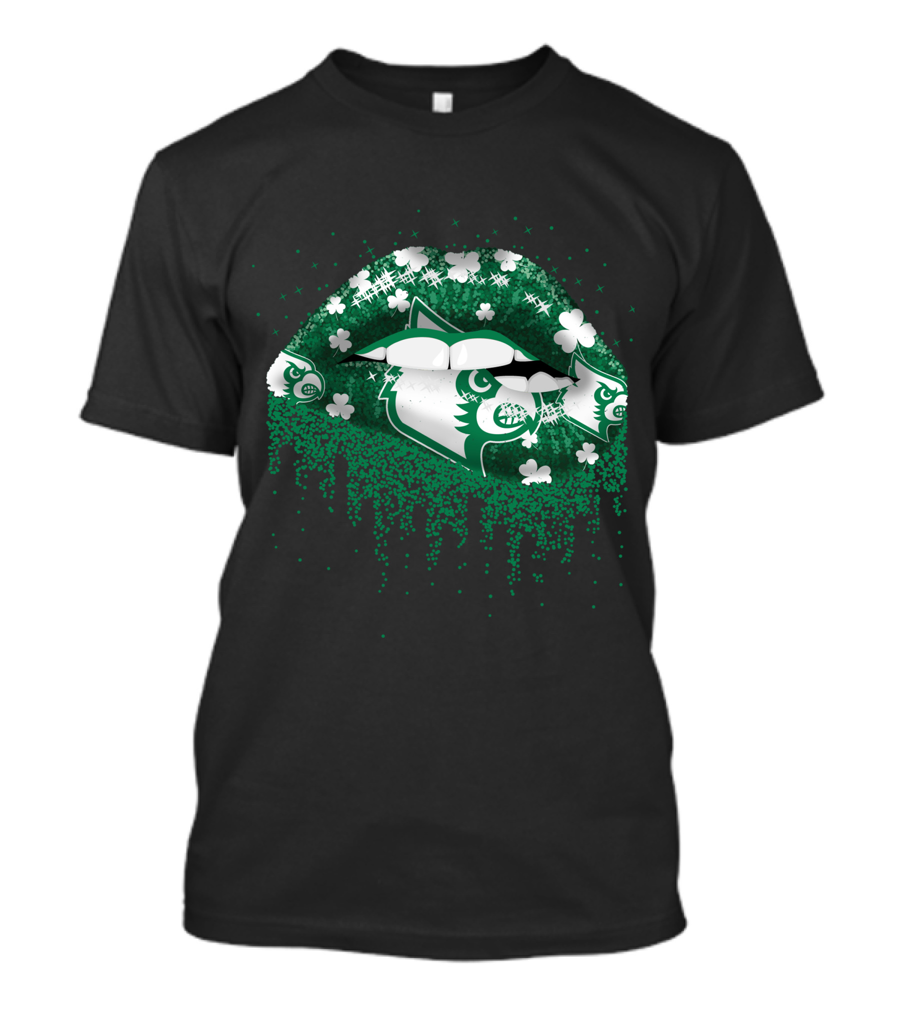 Shamrock Lips Featuring Green Wolf Head With Sparkling Clovers T-Shirt