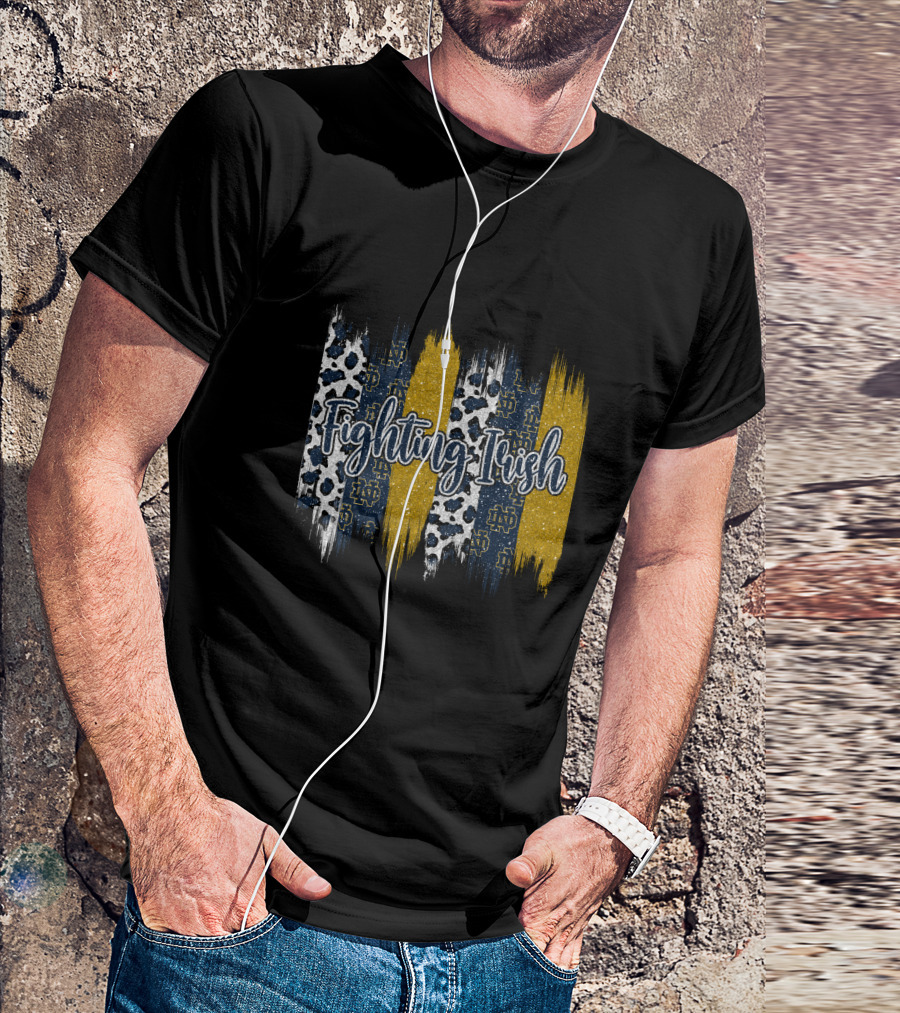 Notre Dame Fighting Irish Brushstroke Blue Gold Leopard Print T-Shirt