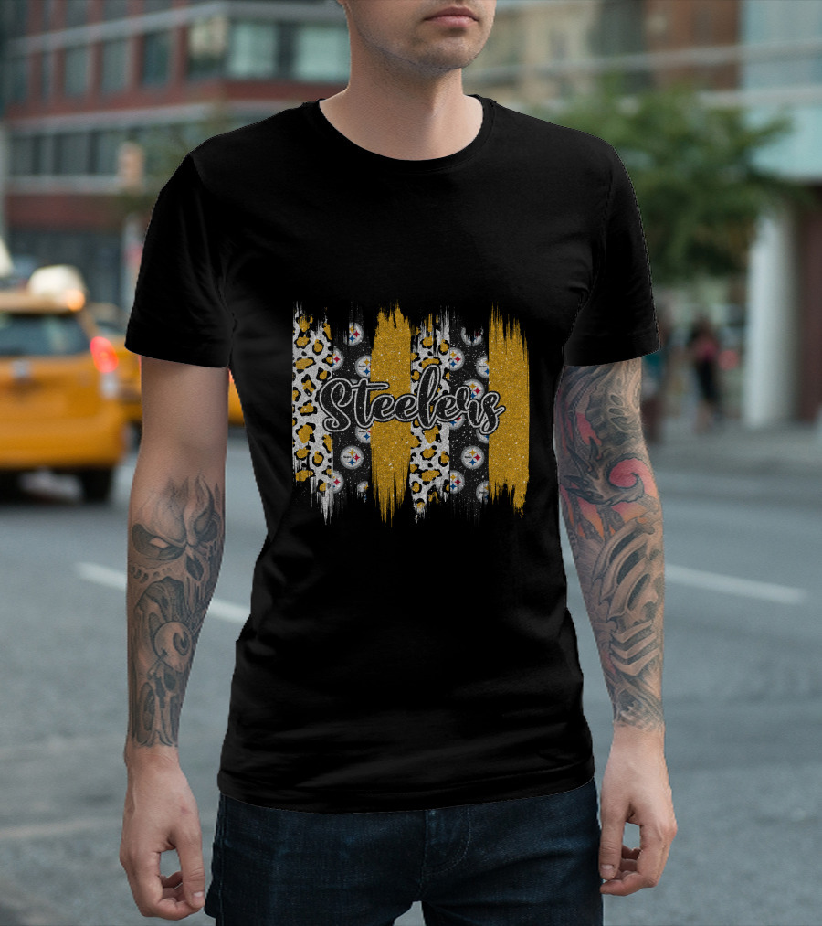 Steelers Leopard Glitter Stripes Brushstroke T-Shirt