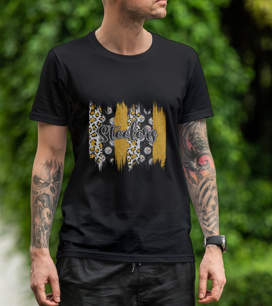 Steelers Leopard Glitter Stripes Brushstroke T-Shirt