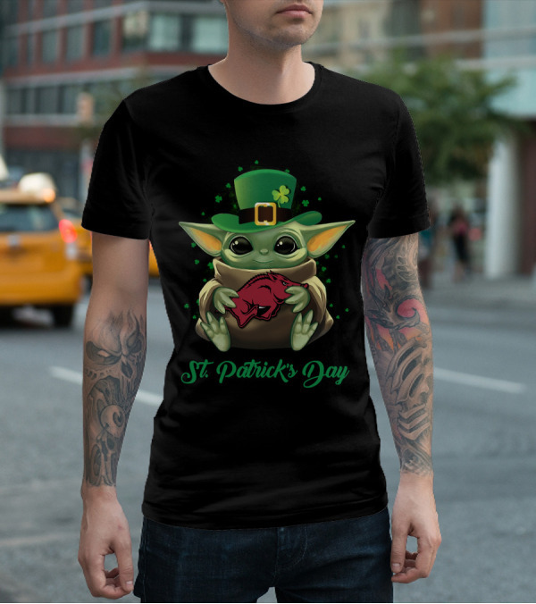 St Patrick's Day Arkansas Razorbacks Baby Yoda T-Shirt