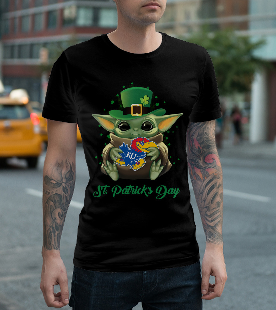 St. Patrick's Day Kansas Jayhawks Baby Yoda KU T-Shirt