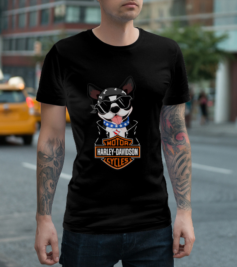 Harley Davidson Boston Terrier Motorcycle American Flag Scarf T-Shirt