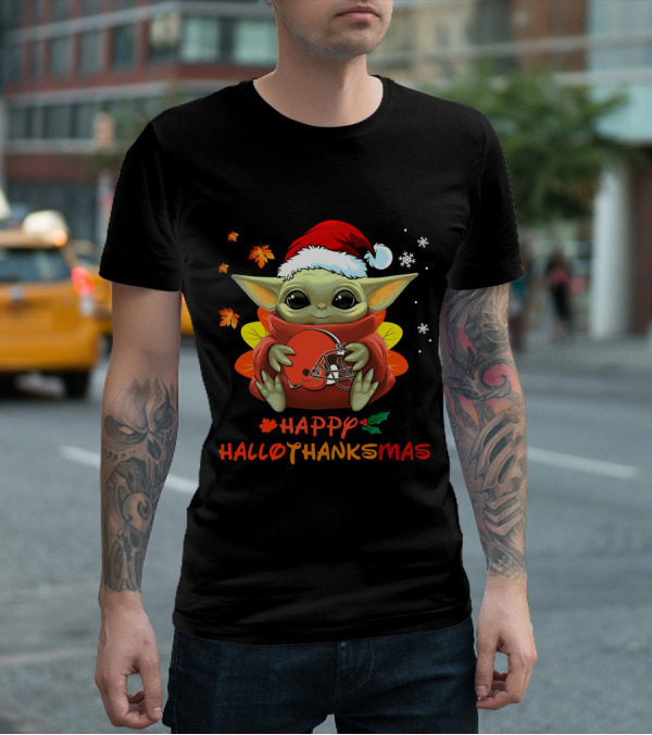 Cleveland Browns Baby Yoda Happy Hallothanksmas T-Shirt