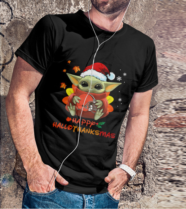 Cleveland Browns Baby Yoda Happy Hallothanksmas T-Shirt