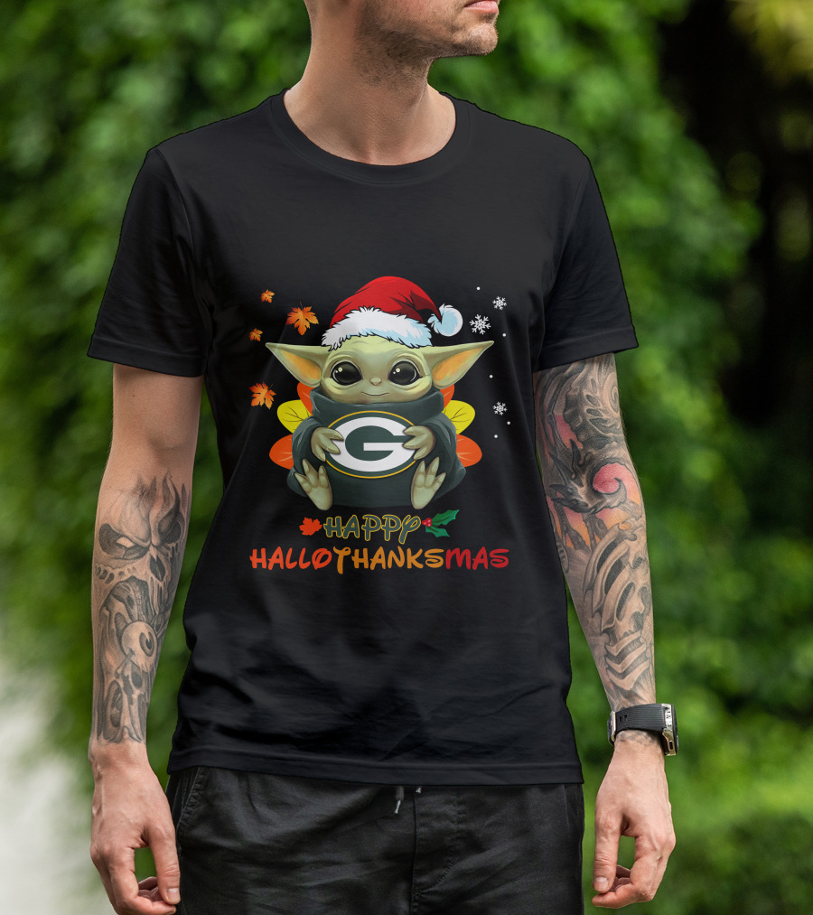 Happy Hallothanksmas Green Bay Packers Baby Yoda Santa Hat T-Shirt