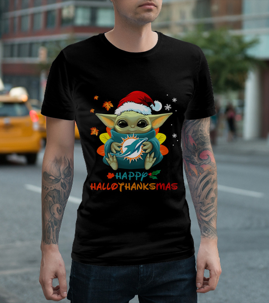 Happy Hallothanksmas Miami Dolphins Baby Yoda T-Shirt