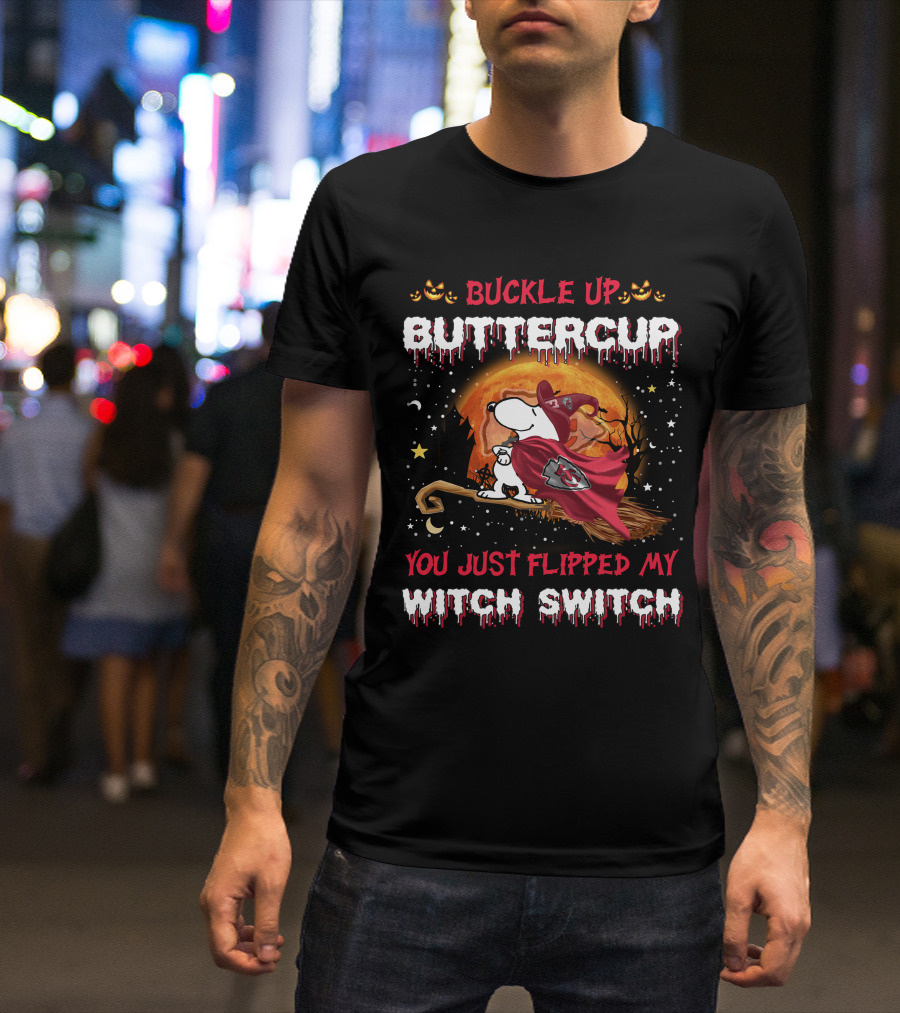 Buckle Up Buttercup Kansas City Chiefs Snoopy Witch Switch Halloween T-Shirt