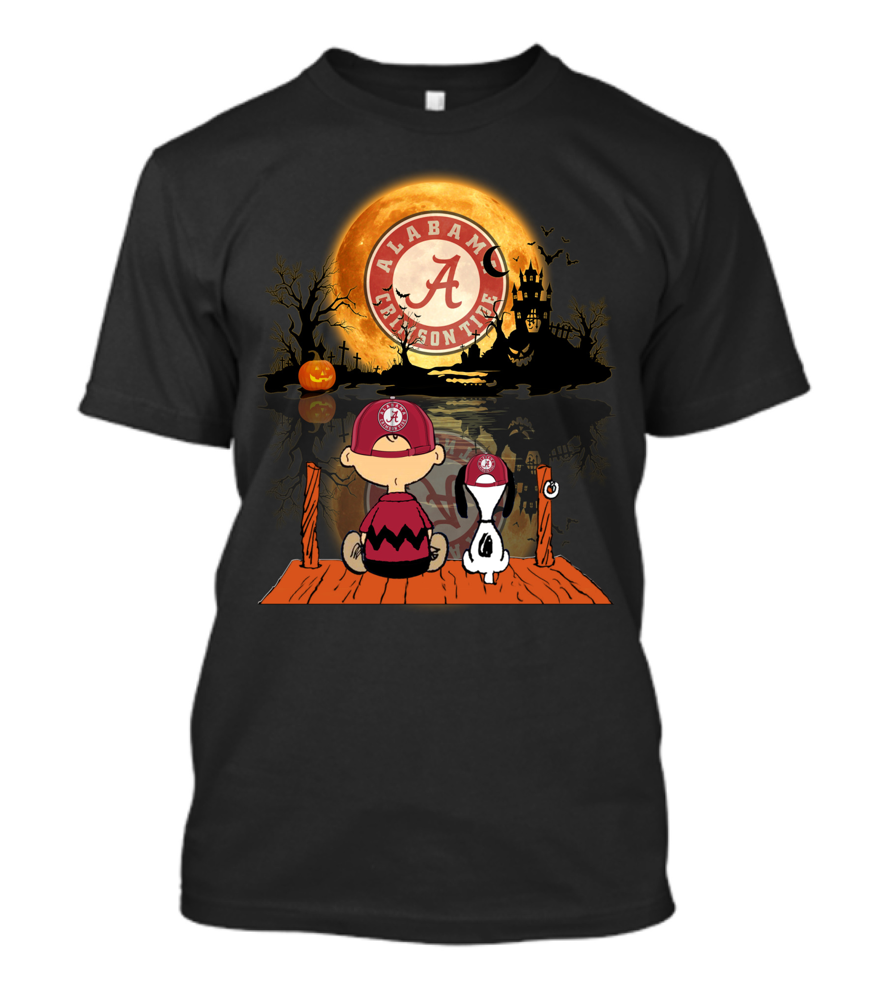 Alabama Crimson Tide Halloween Moonlit Scene With Cartoon Characters T-Shirt