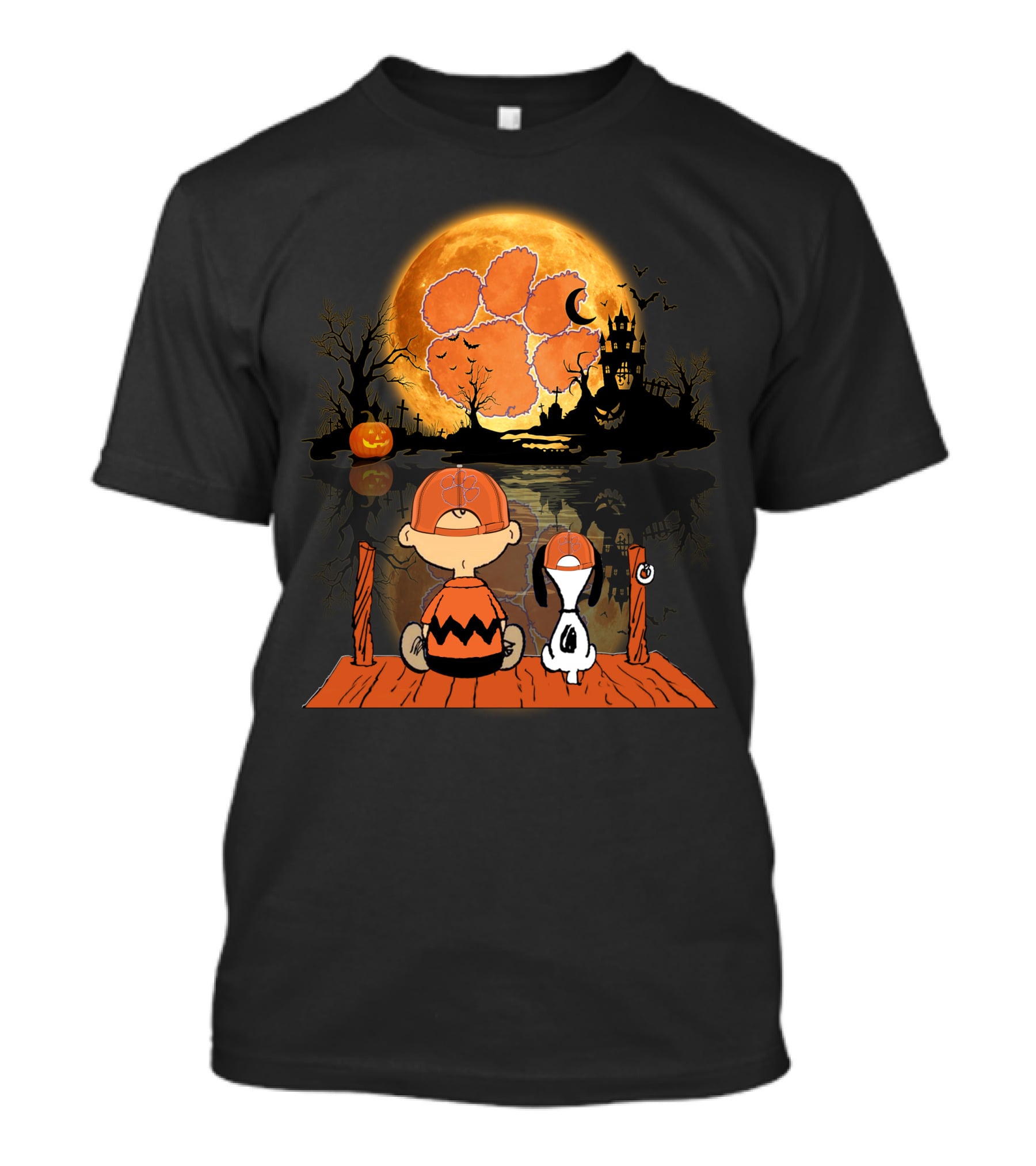Clemson Tigers Halloween Full Moon Pumpkin Charlie And Snoopy Silhouette Scene T-Shirt
