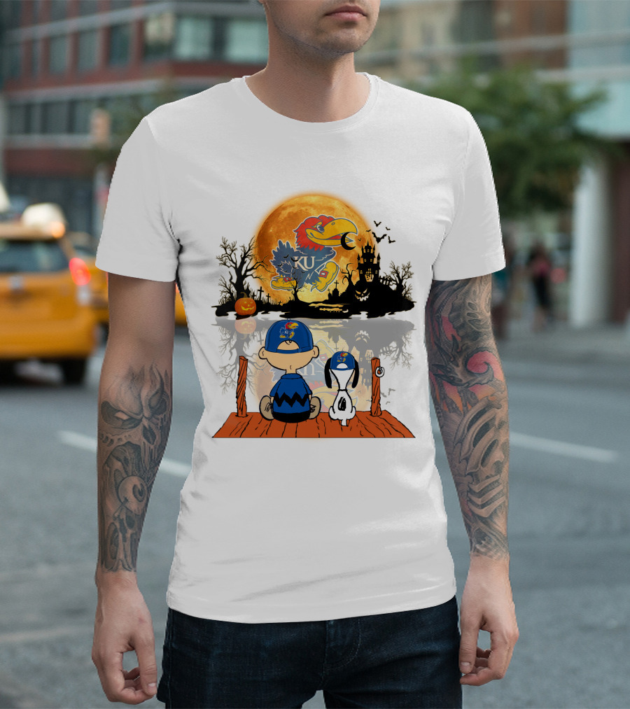 Kansas Jayhawks Halloween KU 495 L1TTT Peanuts Moon Charlie Brown Snoopy Pumpkin T-Shirt