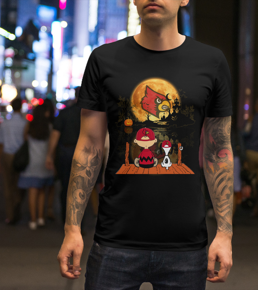 Louisville Cardinals Halloween Moon Scene With Characters And Haunted House T-Shirt
