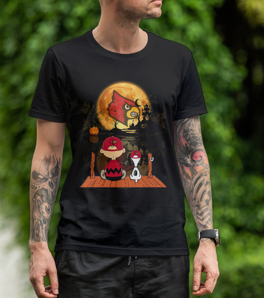 Louisville Cardinals Halloween Moon Scene With Characters And Haunted House T-Shirt