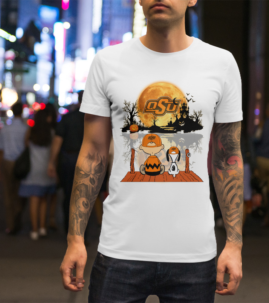 Oklahoma State Cowboys Halloween OSU Moon Charlie And Snoopy T-Shirt
