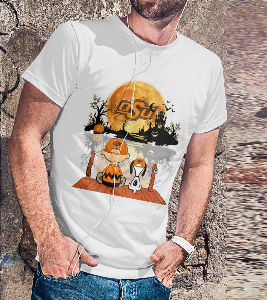 Oklahoma State Cowboys Halloween OSU Moon Charlie And Snoopy T-Shirt