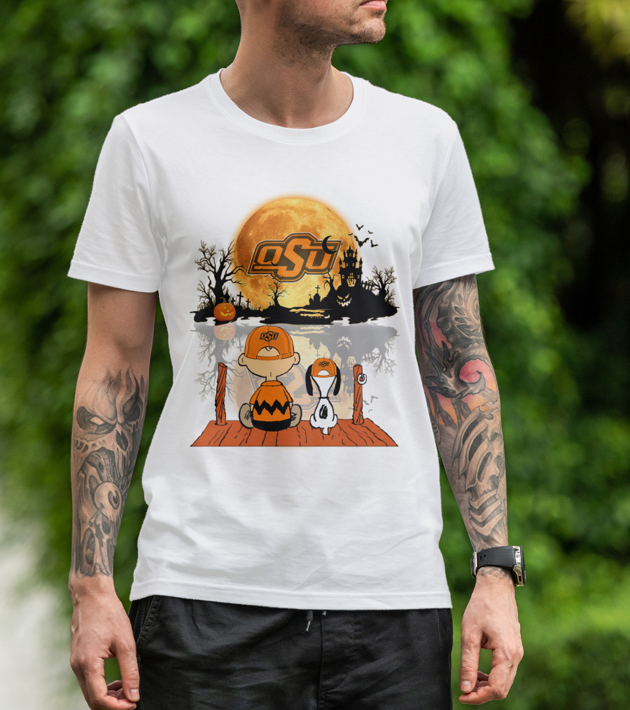 Oklahoma State Cowboys Halloween OSU Moon Charlie And Snoopy T-Shirt