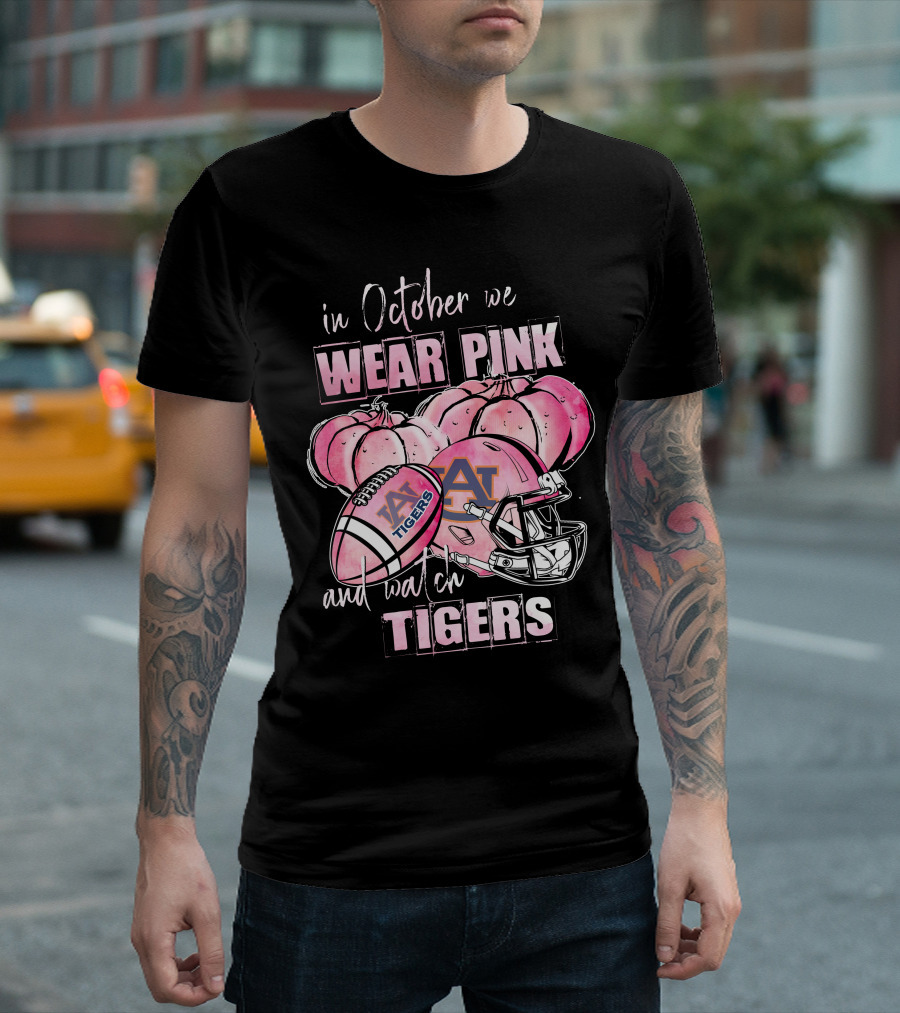Auburn Tigers Pink October Football Helmets Pumpkins T-Shirt