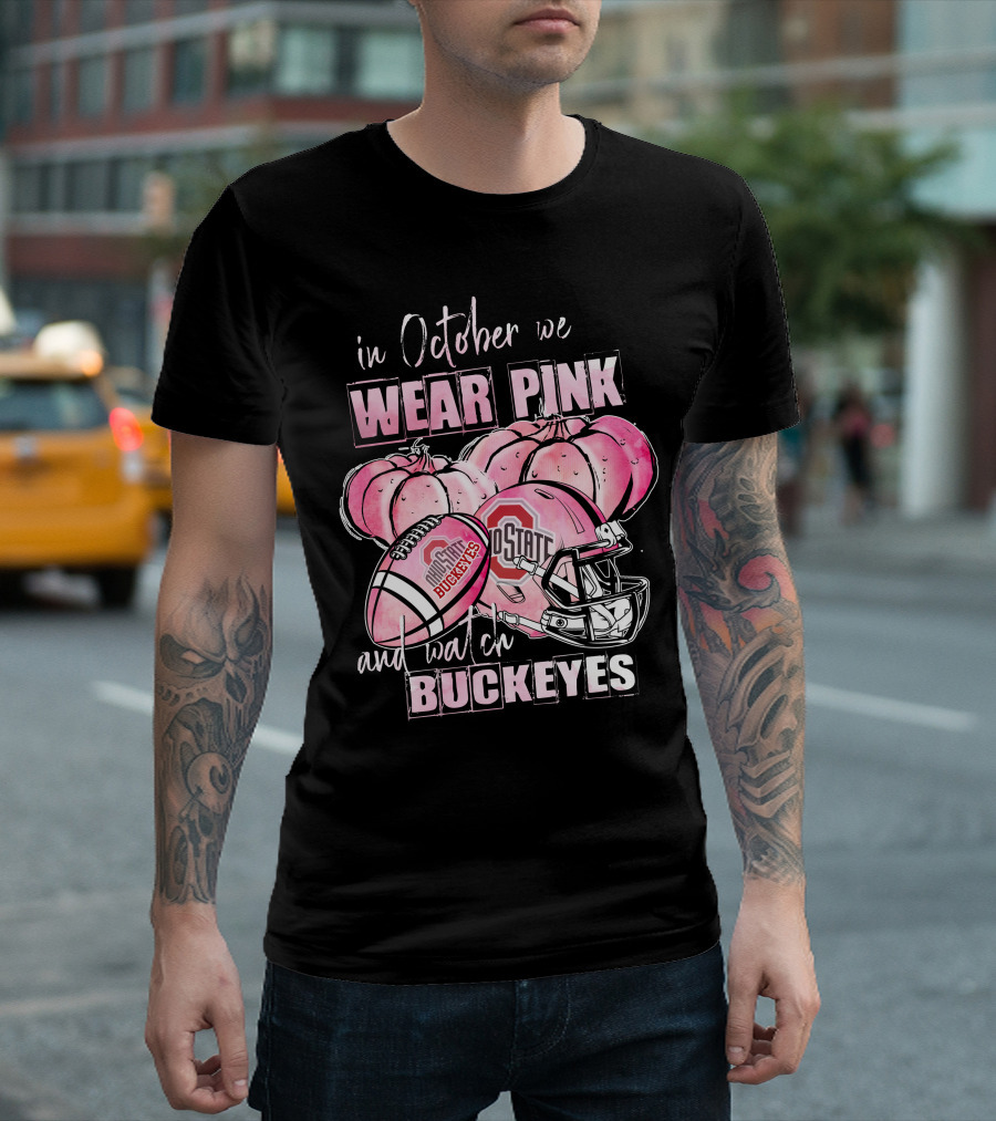 Ohio State Buckeyes In October We Wear Pink Football Helmet Pumpkins T-Shirt