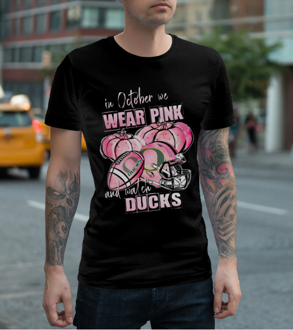 Oregon Ducks In October We Wear Pink And Watch Ducks Football Helmet Pumpkins T-Shirt