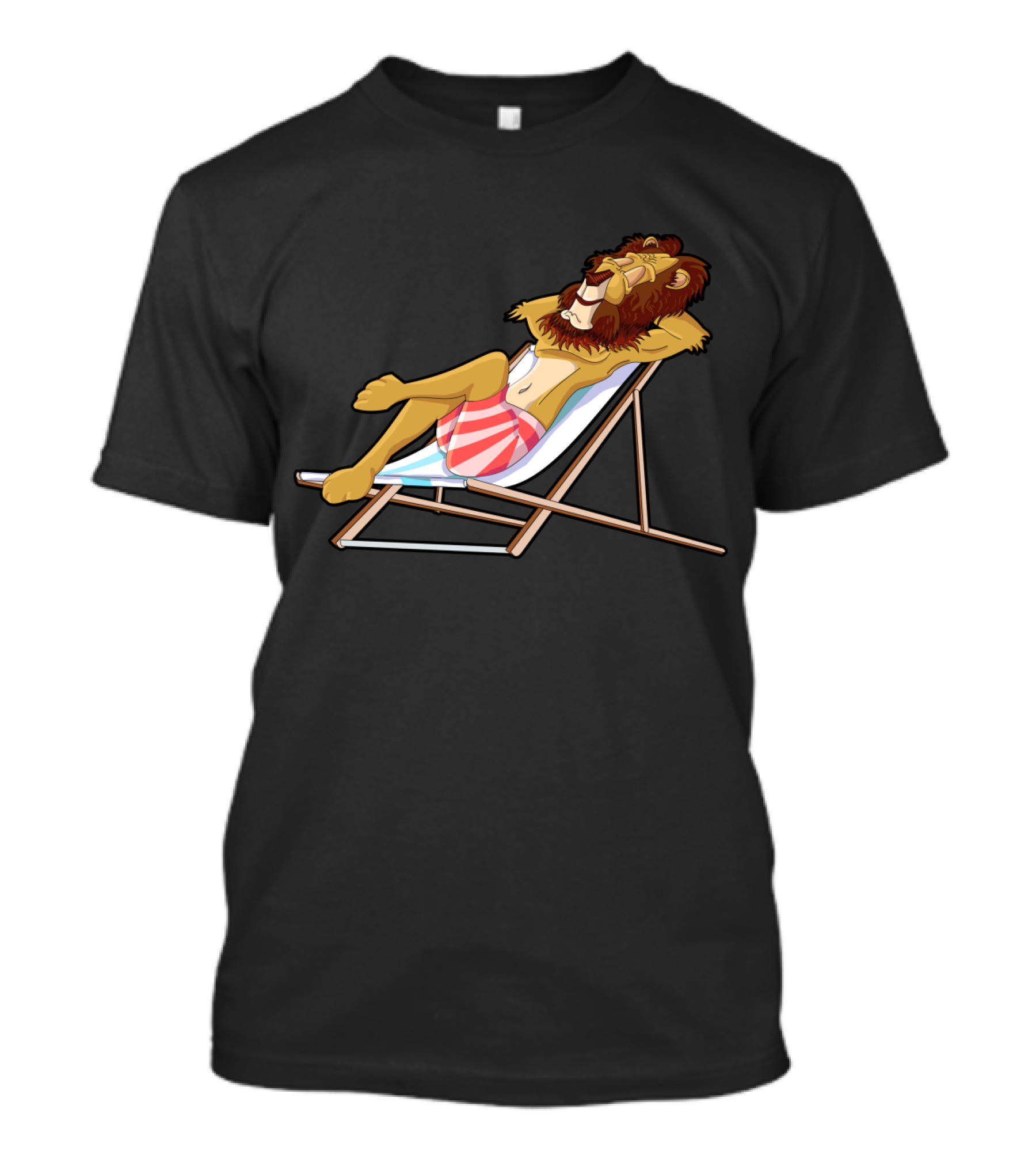 Relaxing Lion On Striped Beach Chair With Red Swim Trunks T-Shirt