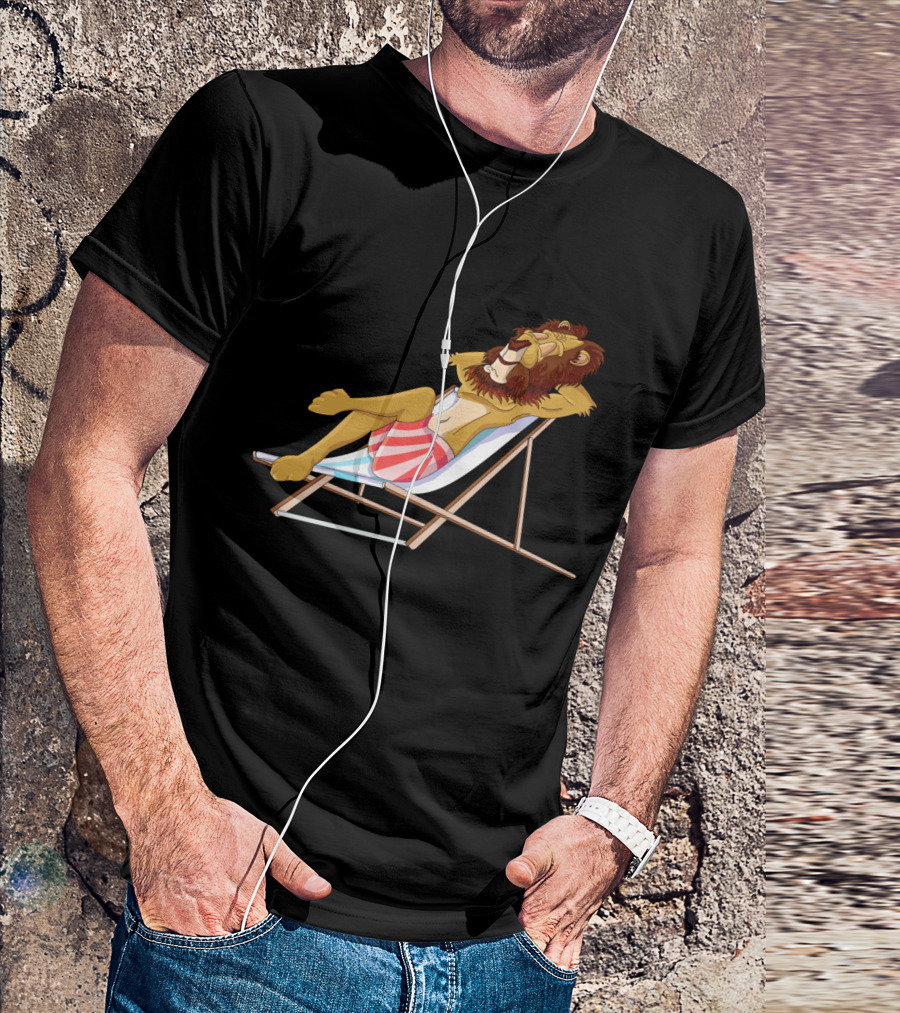 Relaxing Lion On Striped Beach Chair With Red Swim Trunks T-Shirt