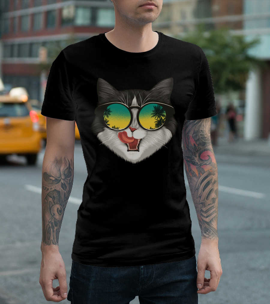 Summer Cat with Sunglasses Reflecting Tropical Palm Trees and Sunset T-Shirt