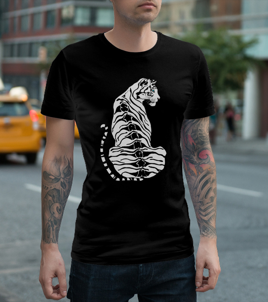 Stylized Tiger Art with Strength Text in Black and White Stripes T-Shirt