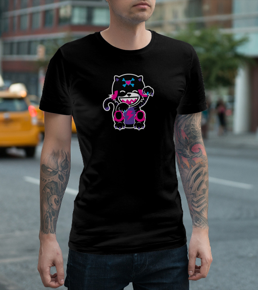 Happy Cartoon Cat with Lightning Bolt Heart and Skull Crossbones T-Shirt
