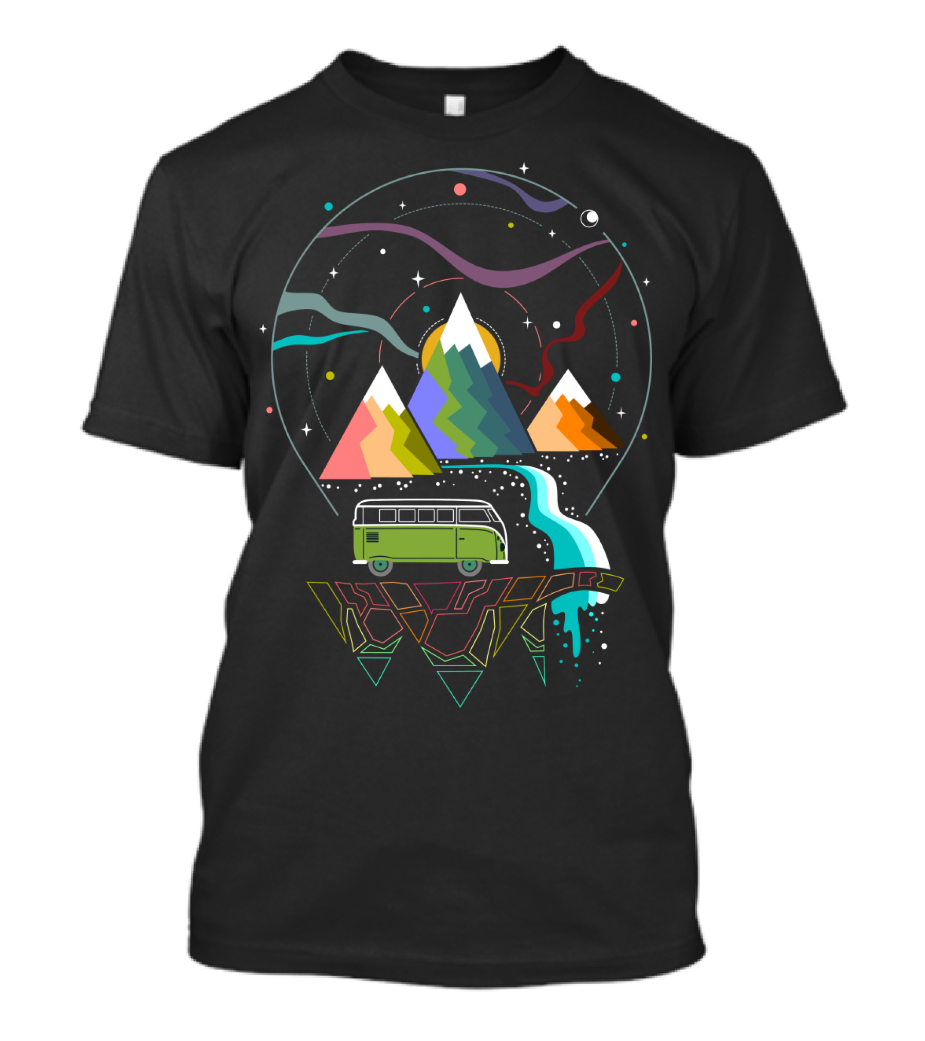 Hit The Road Surreal Adventure With Camper Van And Geometric Mountains T-Shirt