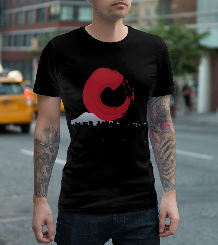 Tokyo Skyline With Red Sun And Silhouette Of Mount Fuji And Tokyo Tower T-Shirt