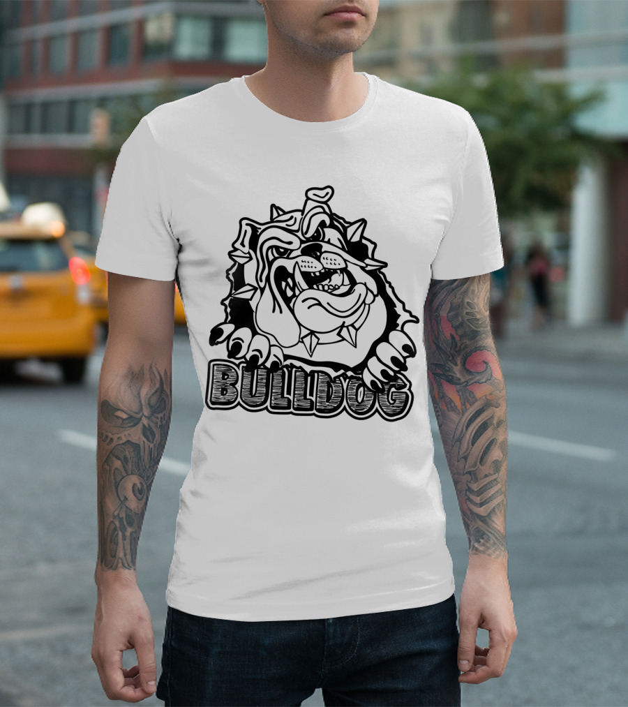 Bulldog Graphic with Spiked Collar and Paw Motif T-Shirt