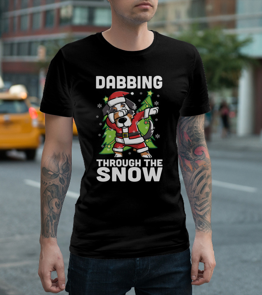 Dabbing Through the Snow with Australian Shepherd in Santa Outfit and Christmas Trees T-Shirt