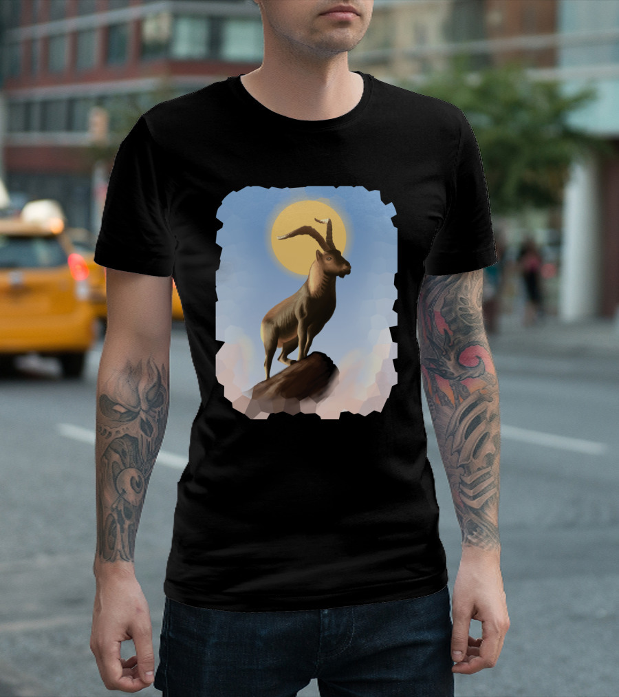 Legendary Holy Goat Mountain Silhouette with Halo in Majestic Sunrise Scene T-Shirt