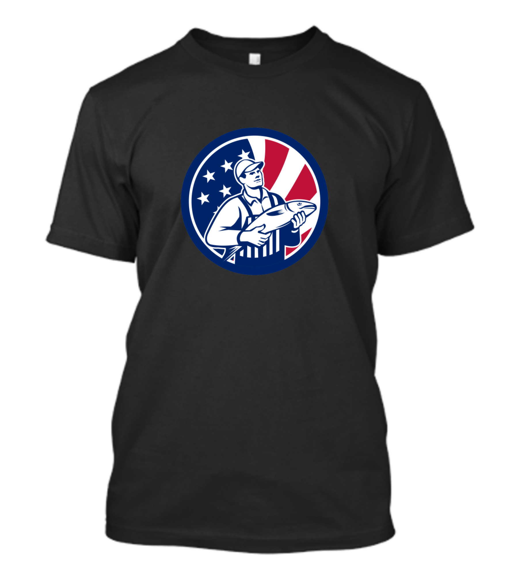 Union Jack Fishmonger Holding Fish With American Flag Stars And Stripes Circle Background T-Shirt