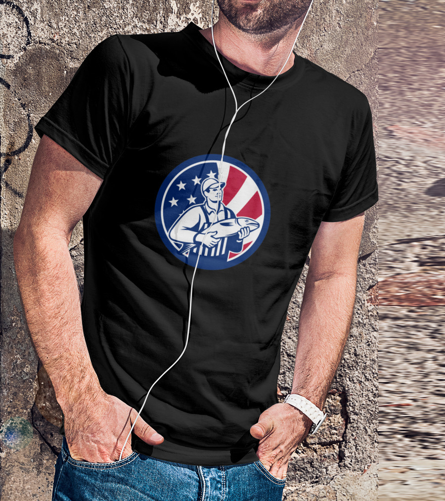 Union Jack Fishmonger Holding Fish With American Flag Stars And Stripes Circle Background T-Shirt