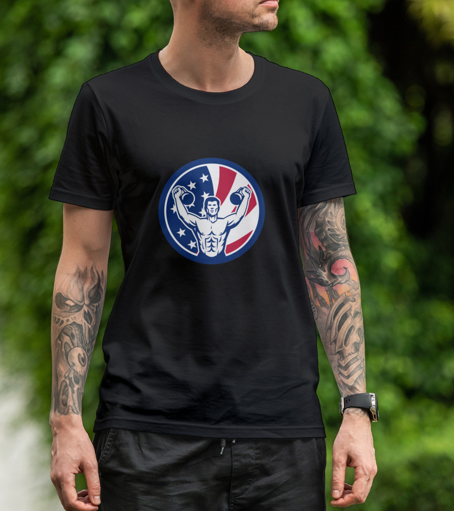 American Physical Fitness Icon With USA Flag And Strongman Lifting Dumbbells T-Shirt